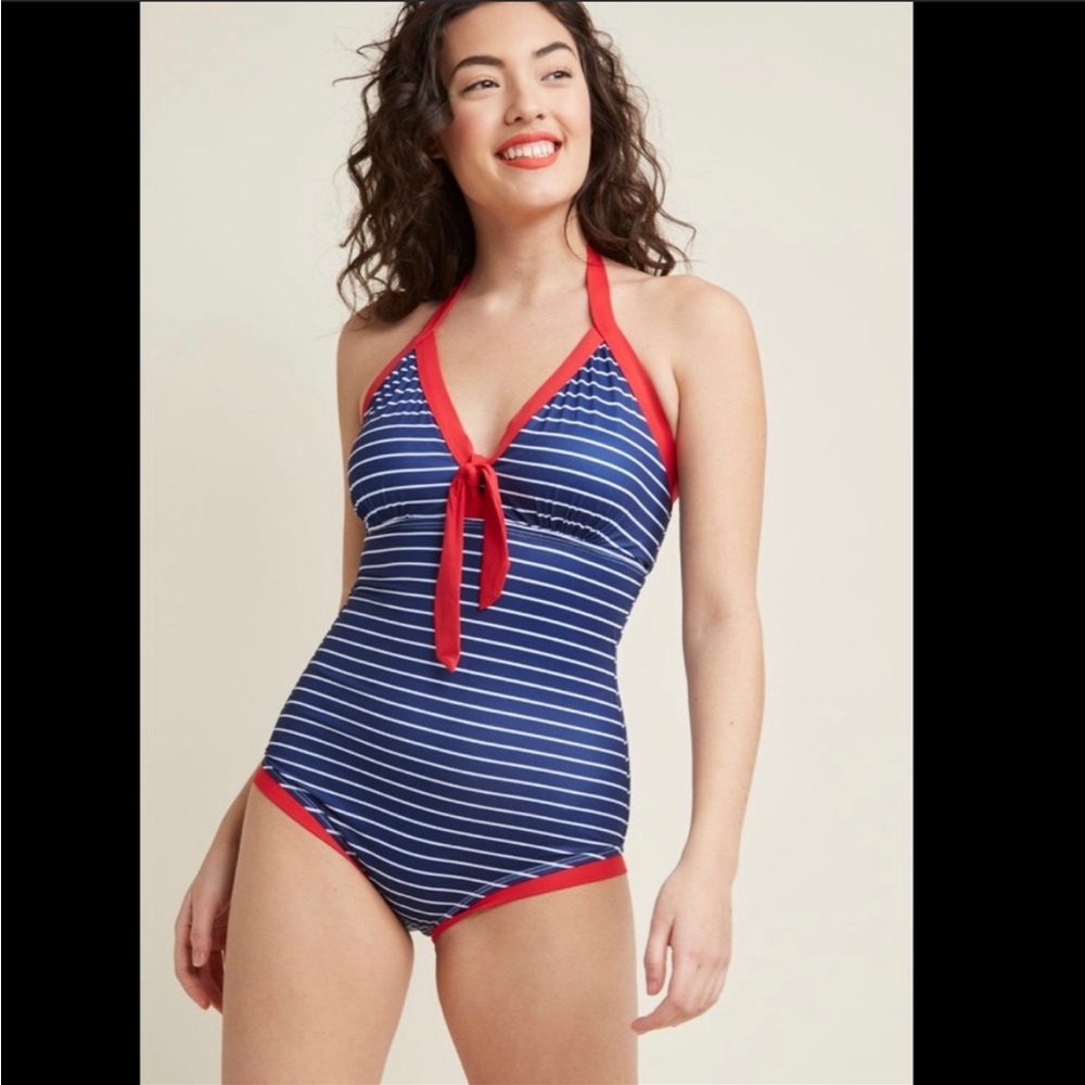 ModCloth High Dive Deep Diva Nautical Swimsuit One Piece Modest Bathing Suit M
